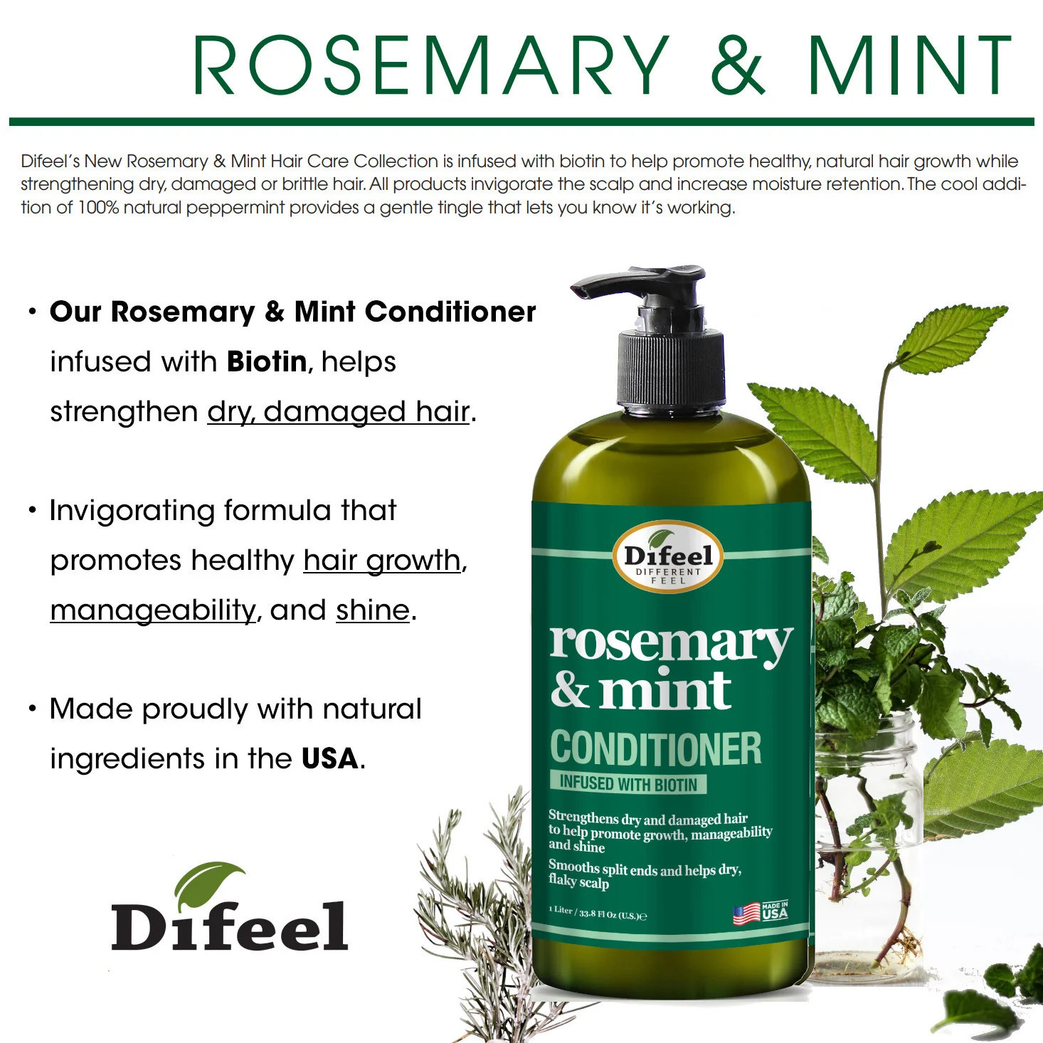 Difeel Rosemary and Mint Hair Strengthening Conditioner with Biotin 355ml - Image 5