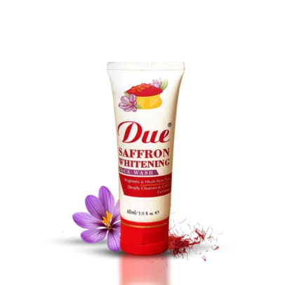 Due Saffron Whitening Face Wash, 60 ml, zəfəran ilə hazırlanmış üz yuyucu. Dərini təmizləyir, ağardır və təravətli saxlayır. Təbii ağartma və sağaldıcı xüsusiyyətlərə malikdir.