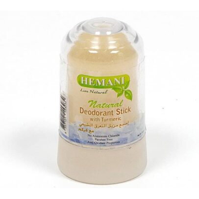 Hemani Natural Deodorant Stick zəydaşı with Turmeric qablaşdırması, təbii və zərərsiz tərkibli dezodorantı göstərir. Zerdeçal ilə zənginləşdirilmiş bu məhsul, alüminium xlorid və paraben ehtiva etmir, dərini qoruyur və təzə hiss etdirir Упаковка природного дезодоранта Hemani с куркумой, показывающая его натуральный состав и антисептические свойства. Дезодорант не содержит алюминиевых хлоридов и парабенов, обеспечивая защиту и свежесть на весь день